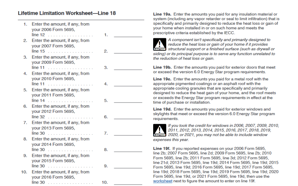 Screenshot of IRS Instruction Form 5695 Lifetime Limitation Worksheet Line 18 Nevada.